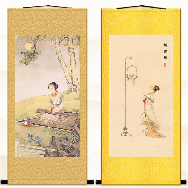 桐荫抚琴图人物画 仕女调鹦图复古装饰画 绢布卷轴挂画可来图定制