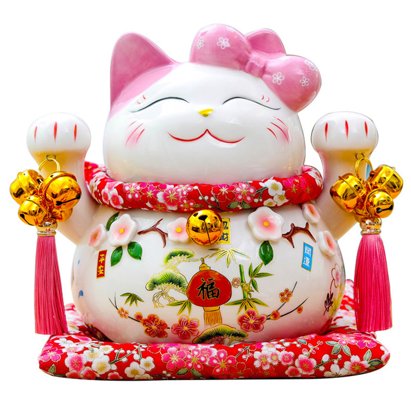 招财猫摆件开业店铺收银台 粉色桃花储蓄罐 二维码收款语音播报器