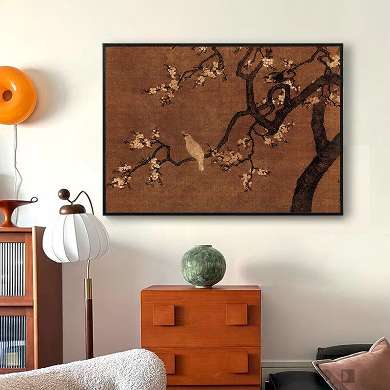 《杏花双雉图》法式中古风黑色挂画客厅沙发背景墙大幅高级感壁画