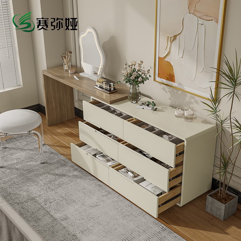 赛弥娅烤漆实木梳妆台收纳柜组合一体奶油风化妆桌床尾斗柜定制in