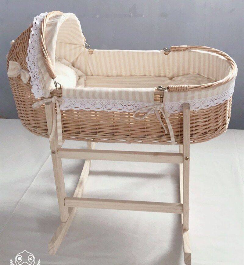 藤编新生婴儿外出便携手提篮车载安抚哄娃睡篮宝宝床推车实木摇篮