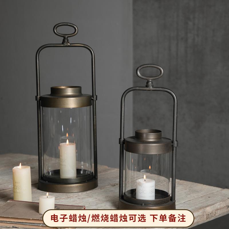 工业风装饰品铁艺风灯透明玻璃浪漫蜡烛台美式复古装饰品摆件大号