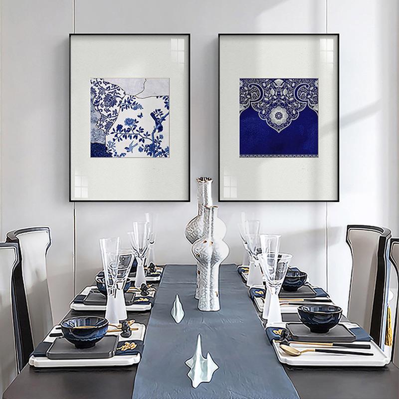 青花墨海新中式客厅三联装饰画蓝色青花瓷挂画中国风餐厅背景壁画