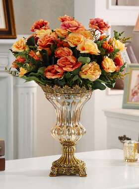 欧式高档玻璃花瓶真花假花插花器办公酒店玄关摆件装饰品时尚复古