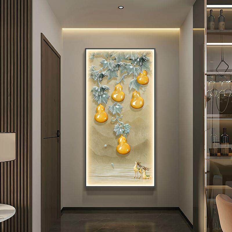 五福临门玄关装饰画入户门走廊过道挂画竖版新中式客厅壁灯画
