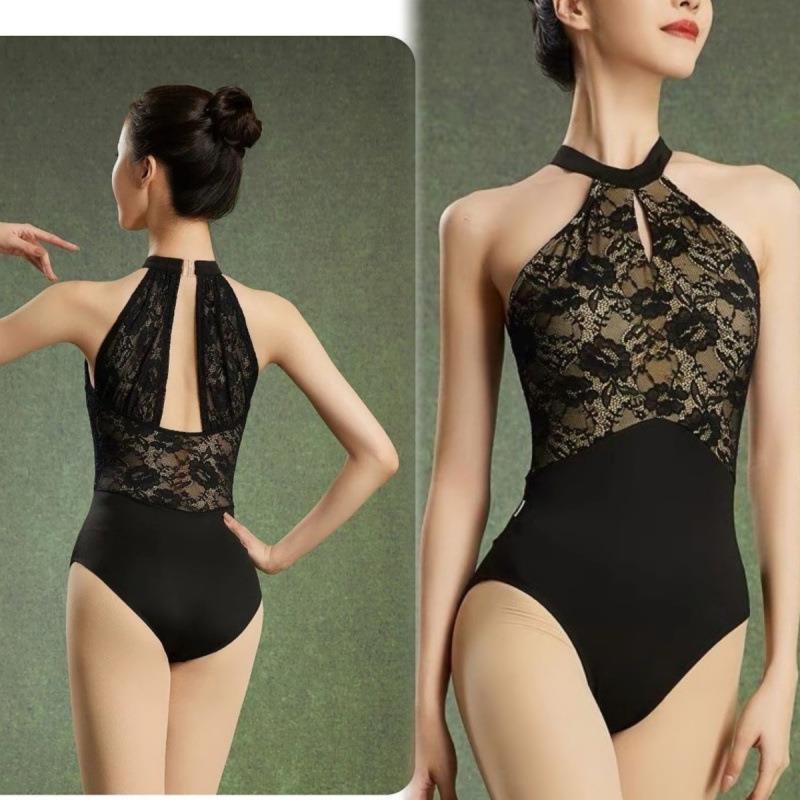舞蹈服女夏季芭蕾舞练功服艺考基训形体服中国舞挂脖高胯体操服黑