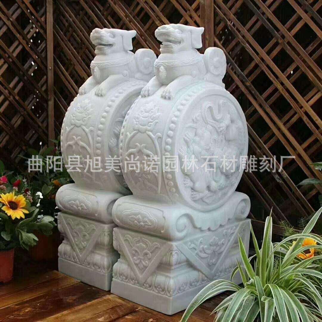 汉白玉抱鼓石雕 门墩石雕花 石鼓浮雕 庭院门口抱鼓石摆件