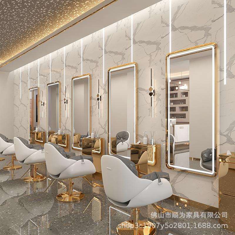 理发店镜子发廊专用美发店镜台网红单双面烫染潮款带灯落地剪发镜