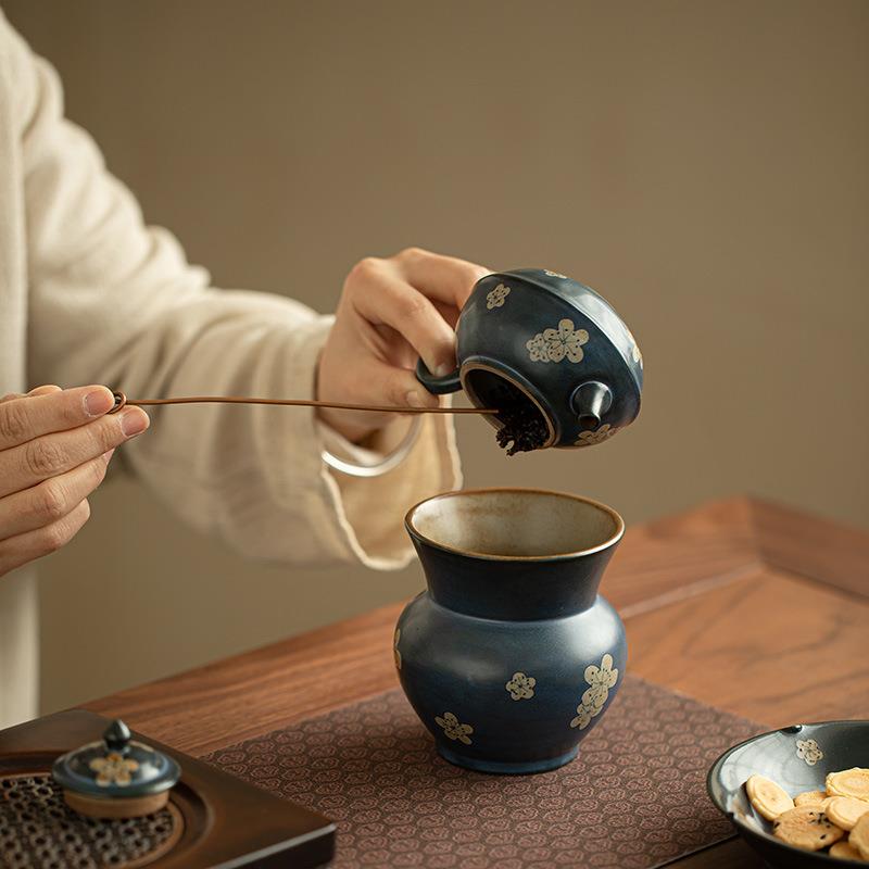 景德镇孔雀蓝手工复古冰梅建水陶瓷茶具茶渣缸废茶缸插花瓶茶摆件