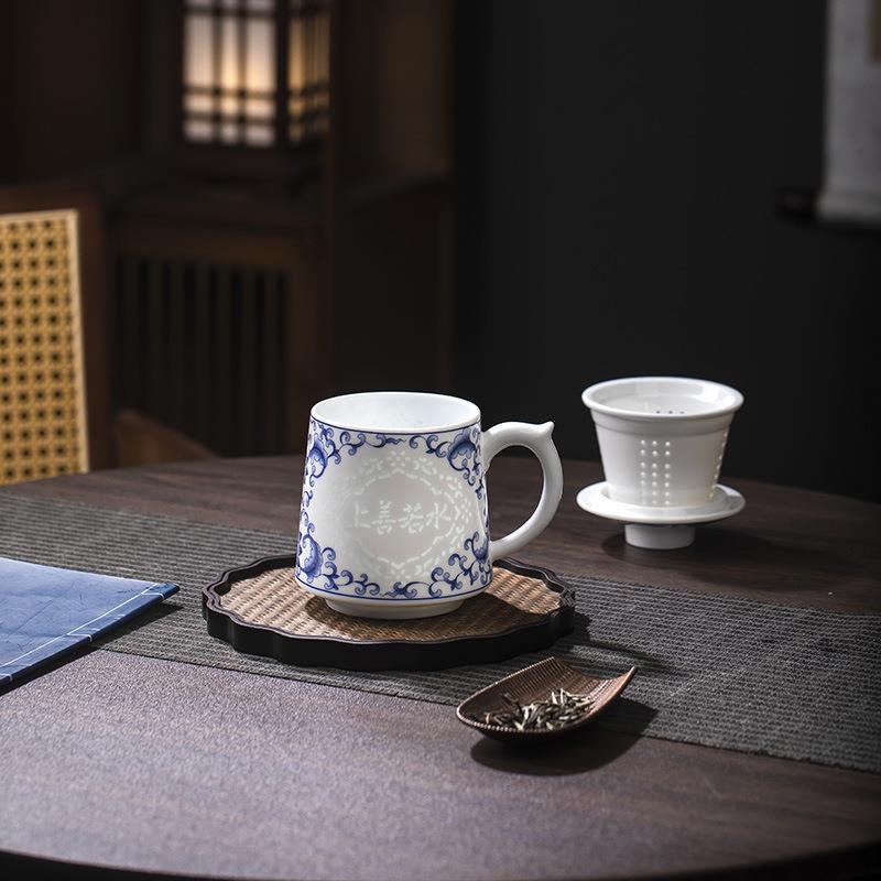 景德镇陶瓷茶杯大容量过滤泡青花玲珑瓷茶杯带盖茶水分离杯马克杯