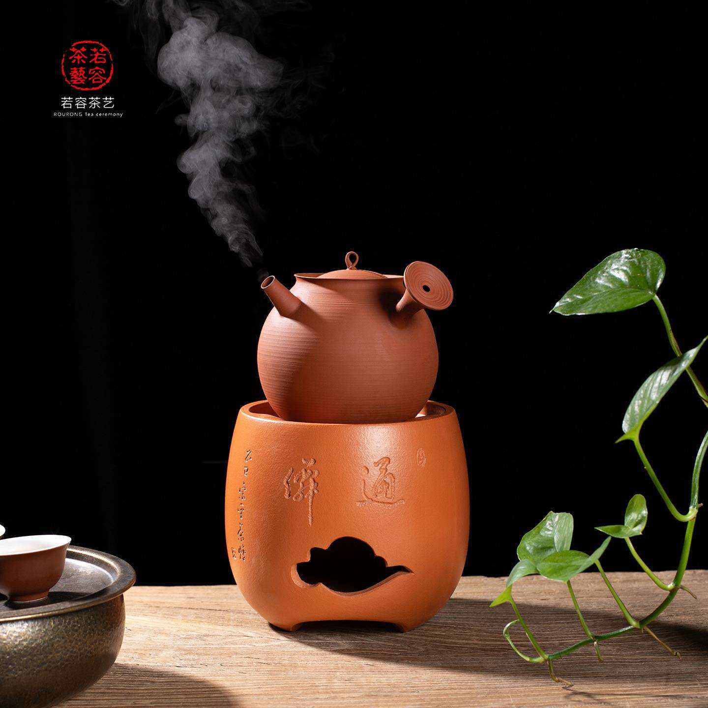 日式红泥手工炭炉茶炉 高温裂红陶煮茶炉 户外茶炉风炉酒精煮茶器