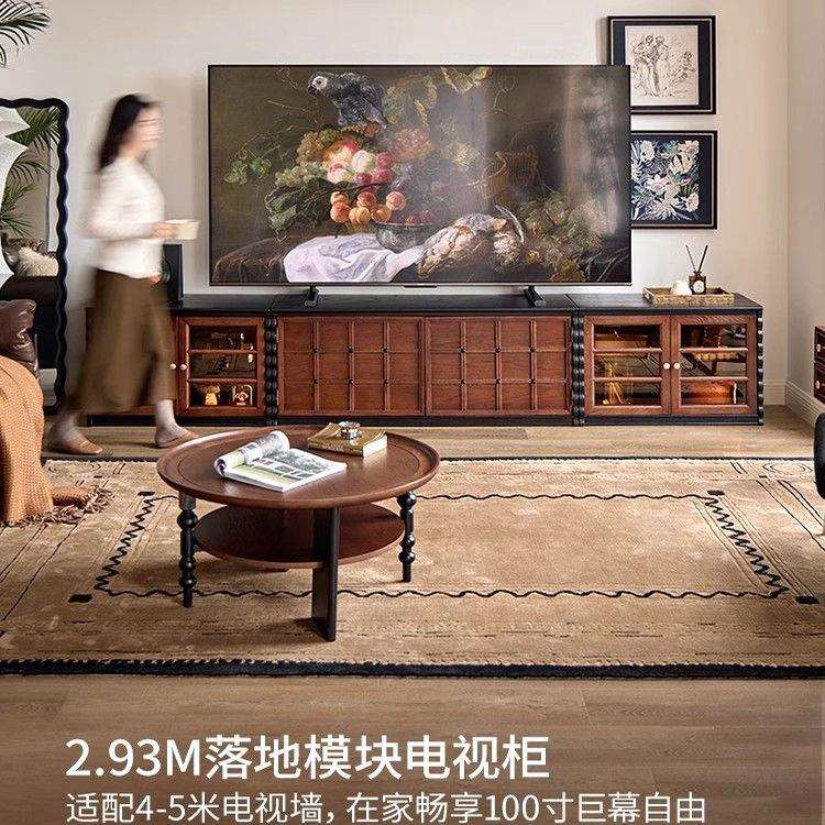 全实木棋盘格柜法式复古电视柜家用储物柜多功能落地柜子置物柜