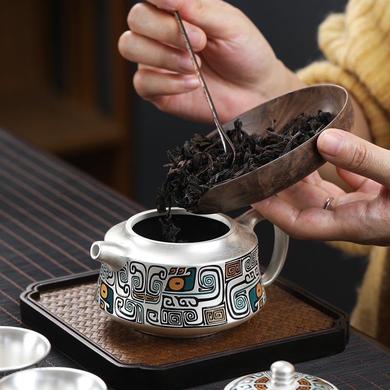 鎏银茶具套装银壶家用送礼办公室饕餮图腾一壶四杯茶杯茶壶一整套