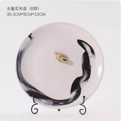 新中式陶瓷盘客厅看盘玄关软装饰品家居酒柜办公室盘子铜小鸟摆件