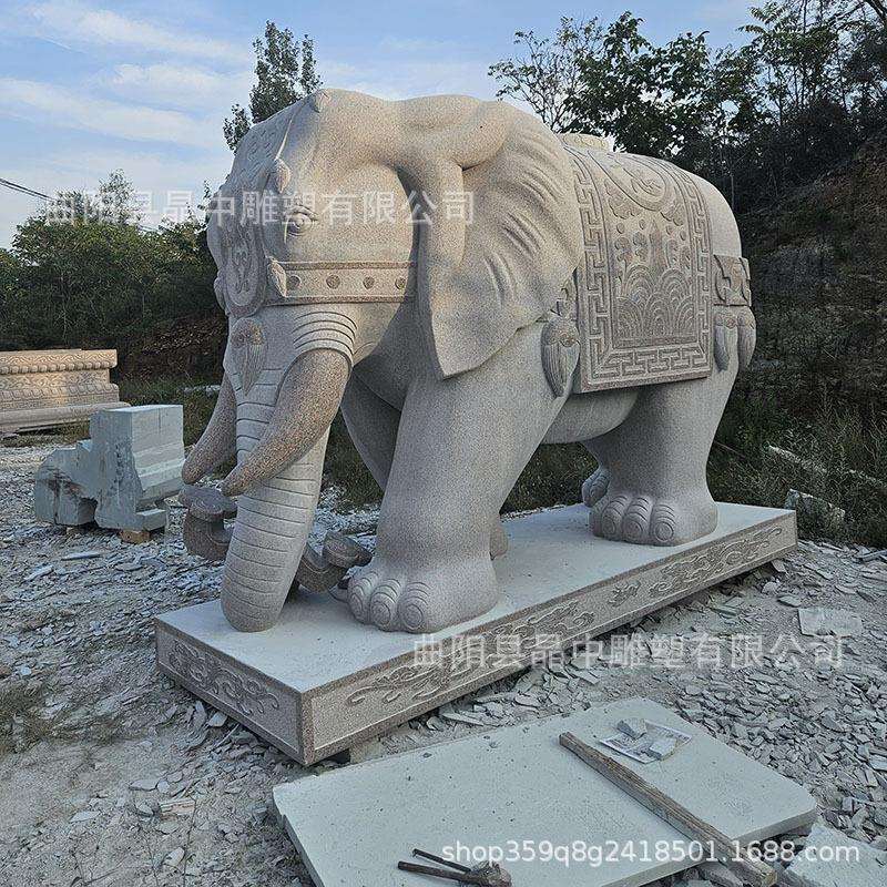 石雕花岗岩大象一对汉白玉摆件门口石头象招财青石象庭院看门吸水
