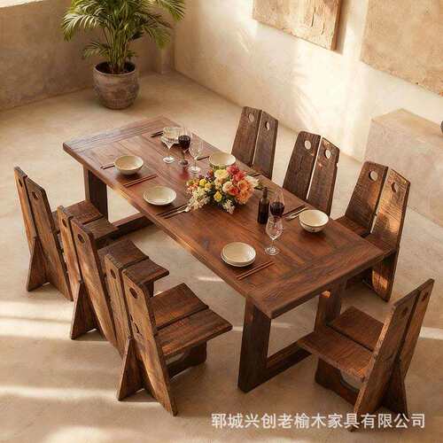 老榆木茶桌实木餐桌客厅多人位大板桌酒店诧寂风客桌厂家