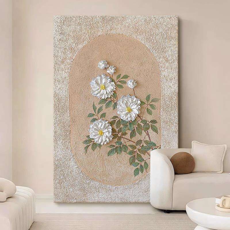 中古奶油风砂岩肌理装饰壁画玄关抽象立体白色花挂画客厅手绘油画