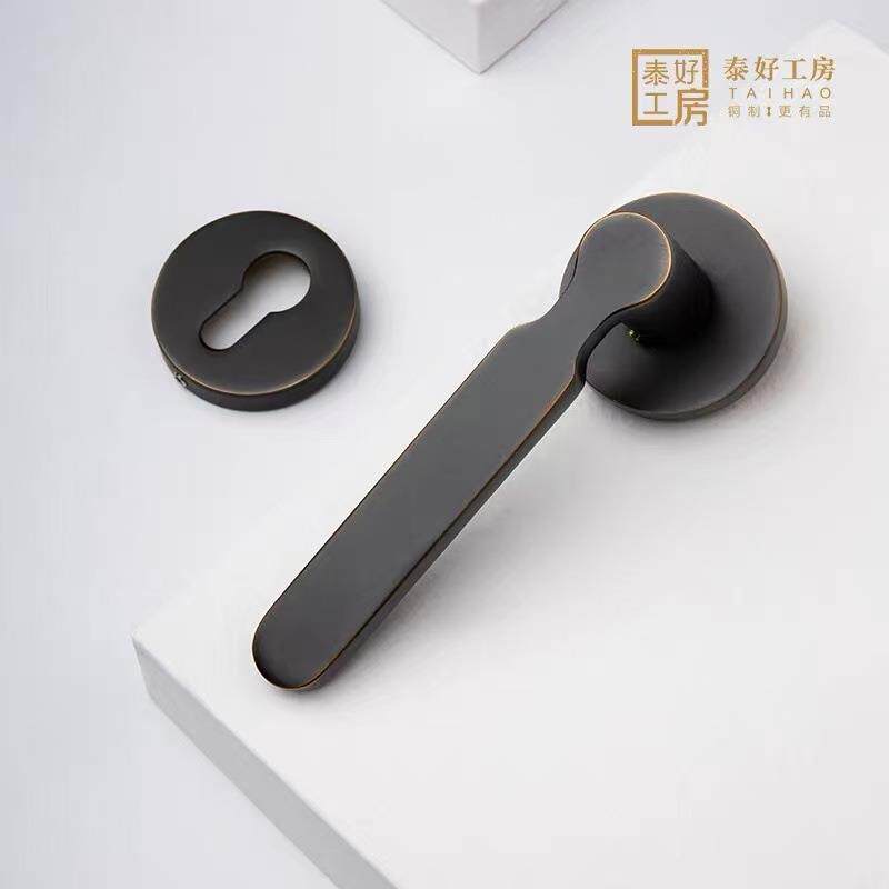 泰好工房室内房门锁卧室静音后现代极简纯铜黑分体锁TH60-158161
