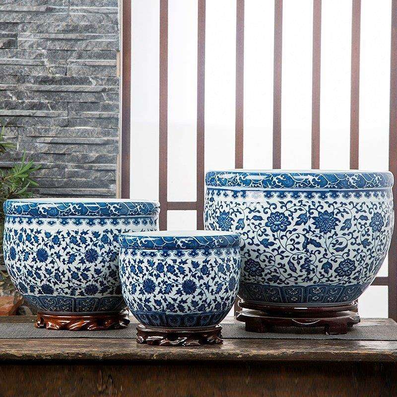景德镇陶瓷鱼缸大号青花金鱼乌龟缸盆睡莲荷花盆缸庭院鱼缸摆件