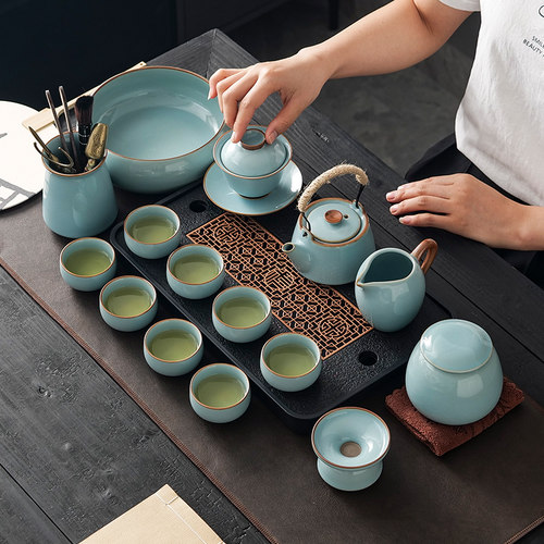 茶具套装家用轻奢办公室高档盖碗泡茶壶汝窑茶杯茶盘功夫2023新款