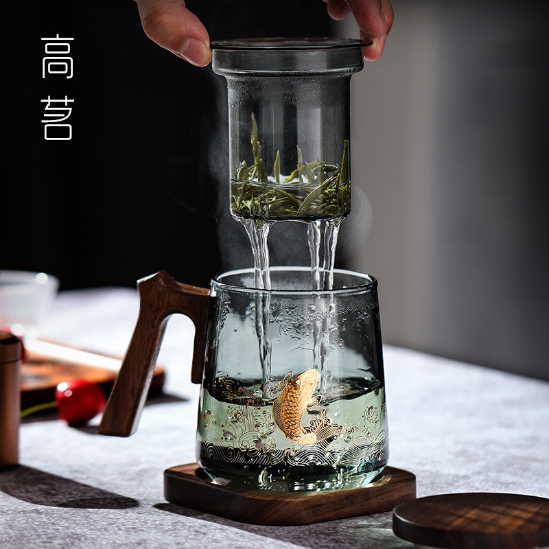 日式茶水分离玻璃茶杯办公室老板水杯专用高档带把男士杯子茶道杯