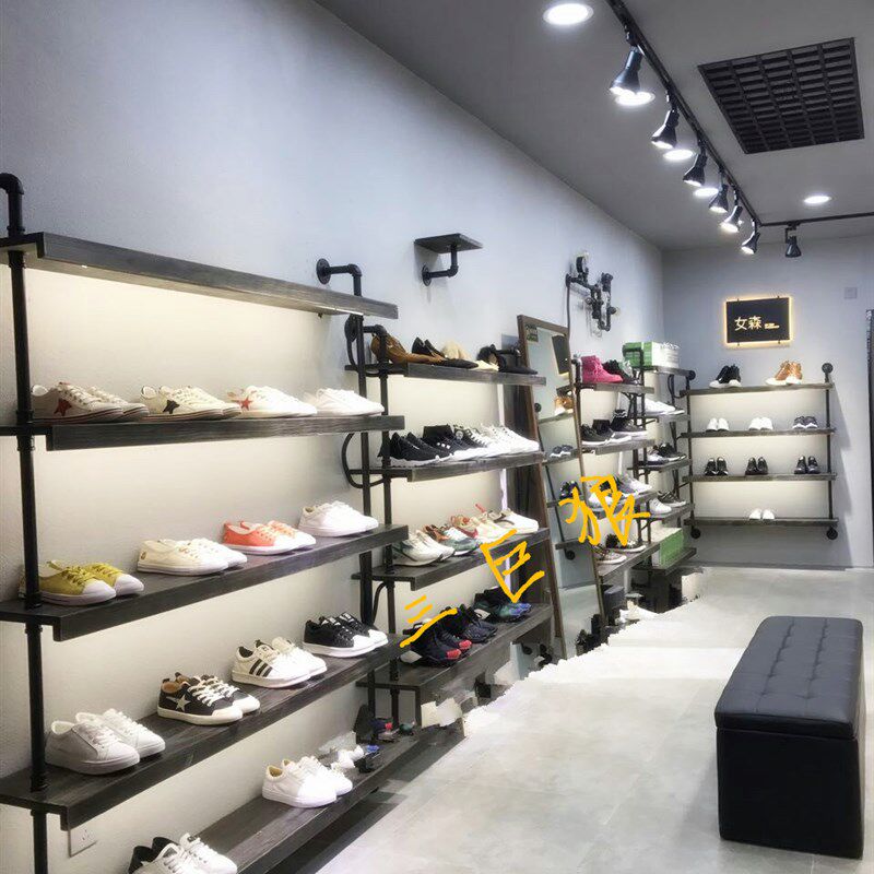 复古鞋店鞋架展示架实木鞋架上墙鞋货架多层落地鞋架店铺包包鞋架
