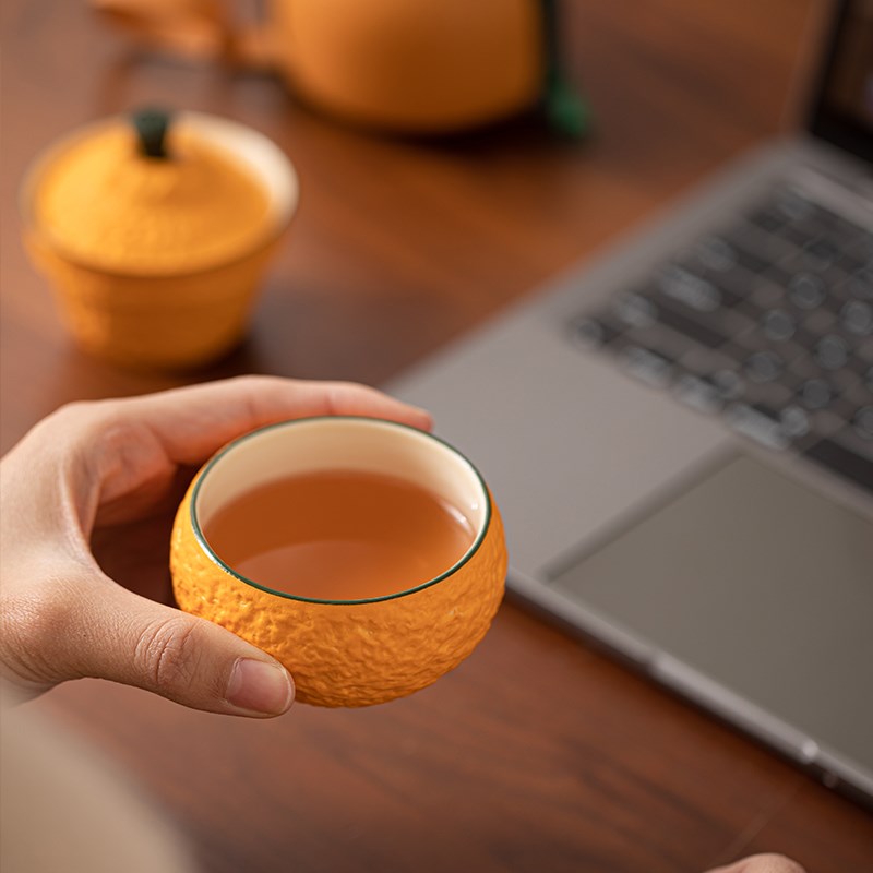 迷你旅行茶具套装一壶一杯便携式记今朝陶瓷茶具 橘色快客杯茶组