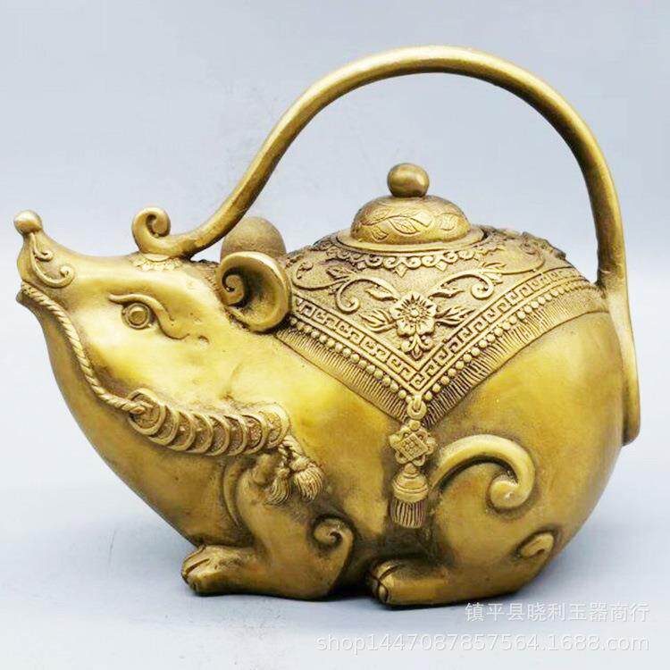 铜老鼠壶功名竹上鱼摆件猴壶家居装饰金属工艺品中式金钱鼠摆件