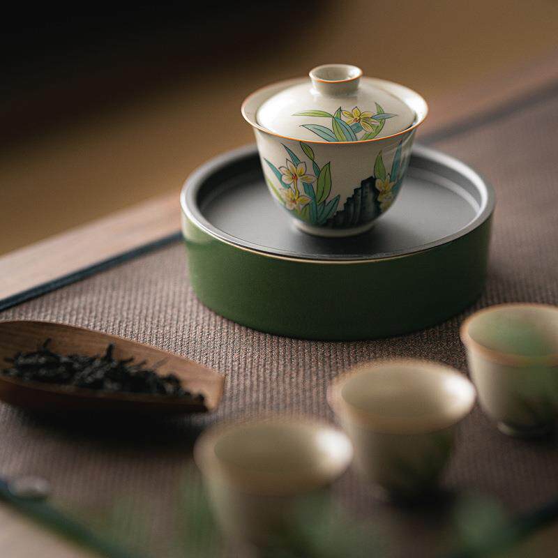 草木灰手绘兰花盖碗套装陶瓷茶杯盖碗品茗杯玻璃公杯铁盖壶承套组