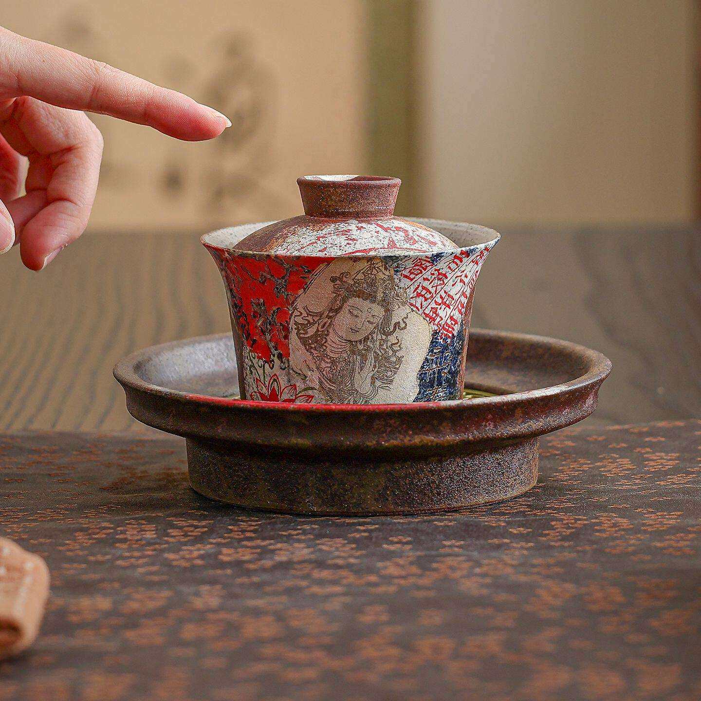 八破图手绘鎏银盖碗茶杯陶瓷家用泡茶碗不烫手敬茶杯档茶具