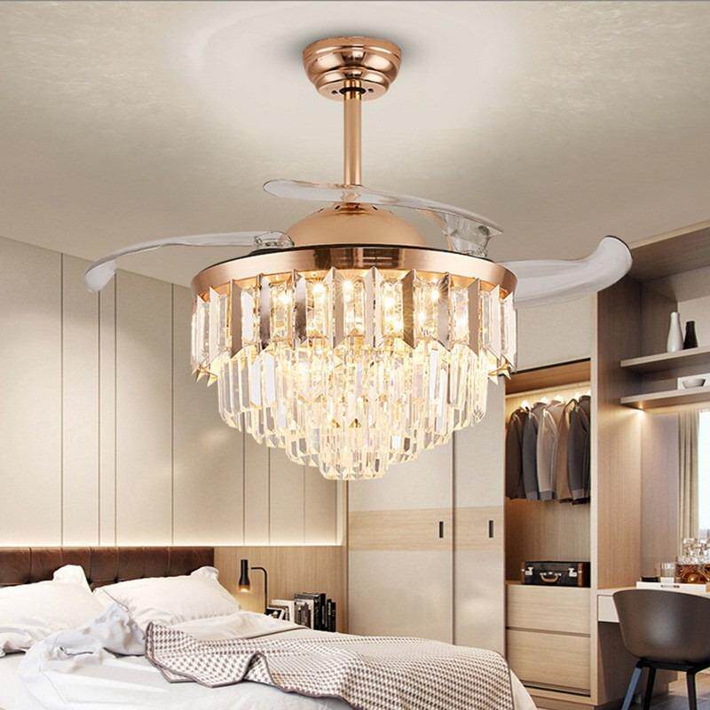2025外贸畅销水晶新款带风扇的客厅吊灯三色可变光静音LED吊扇灯