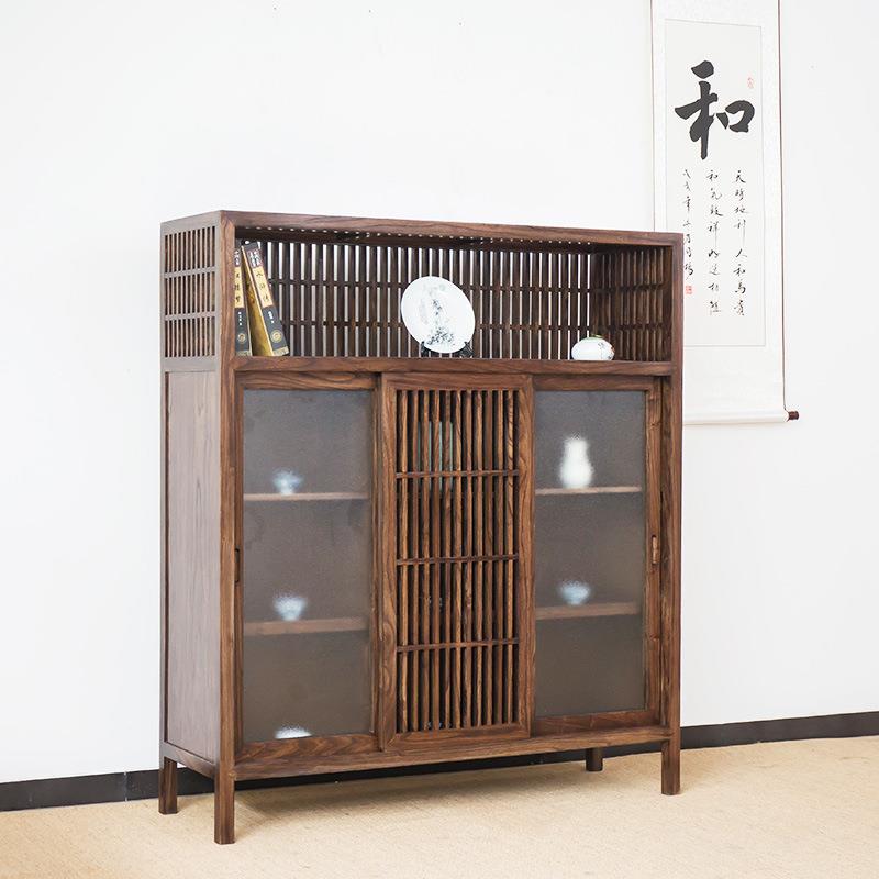 新中式餐边柜实木柜免漆茶室老榆木储物柜子现代简约禅意家具