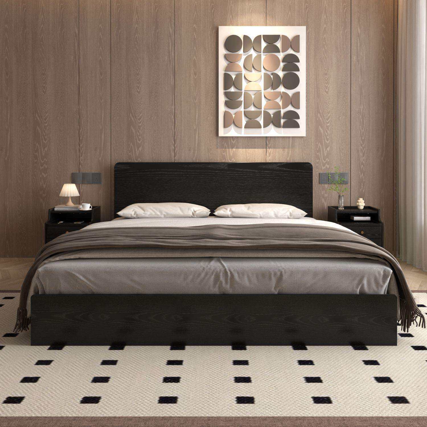 全实木床橡木高箱床1米5简约现代1米8主卧室双人气压箱体齐边黑色