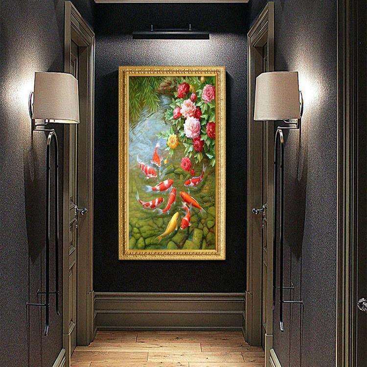 欧式中式走廊有简约图年挂画鱼手绘现新玄关鱼牡丹美式油画年