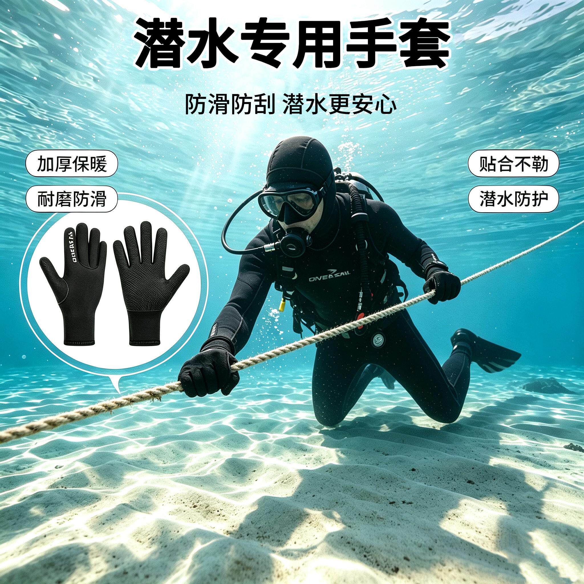 潜冲水手套用防割刺男浪浮潜CR防晒女户外保暖专防滑防游潜水手套