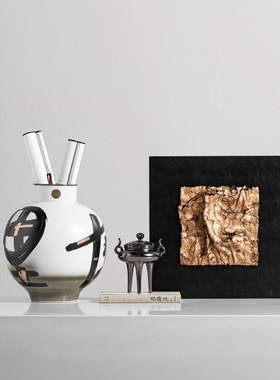 古风手绘鎏金陶瓷花瓶壁柜装饰品茶室书房样板房挂画中式艺术摆件