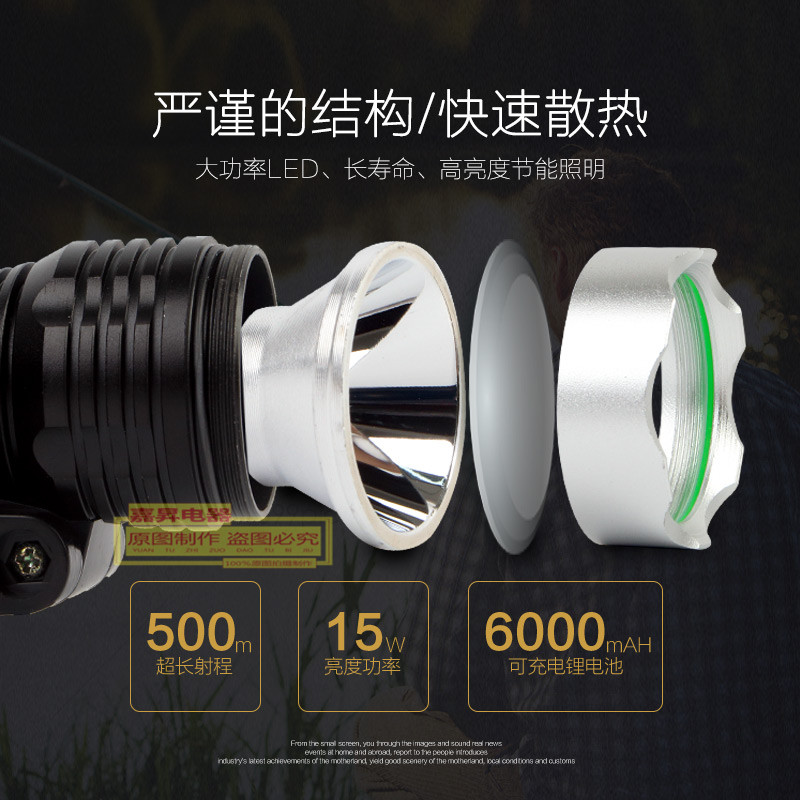 泰中星tzx-8775 15w T6灯珠LED双锂电超高亮度强光充电式钓鱼头灯