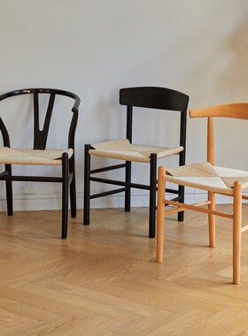 设计师餐椅J39椅白橡木Y椅家用靠背椅子编绳客厅带扶手休闲椅子