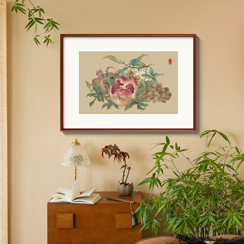 新中式餐厅装饰画客厅书房茶室挂画石榴花鸟方形走廊有框玄关壁画