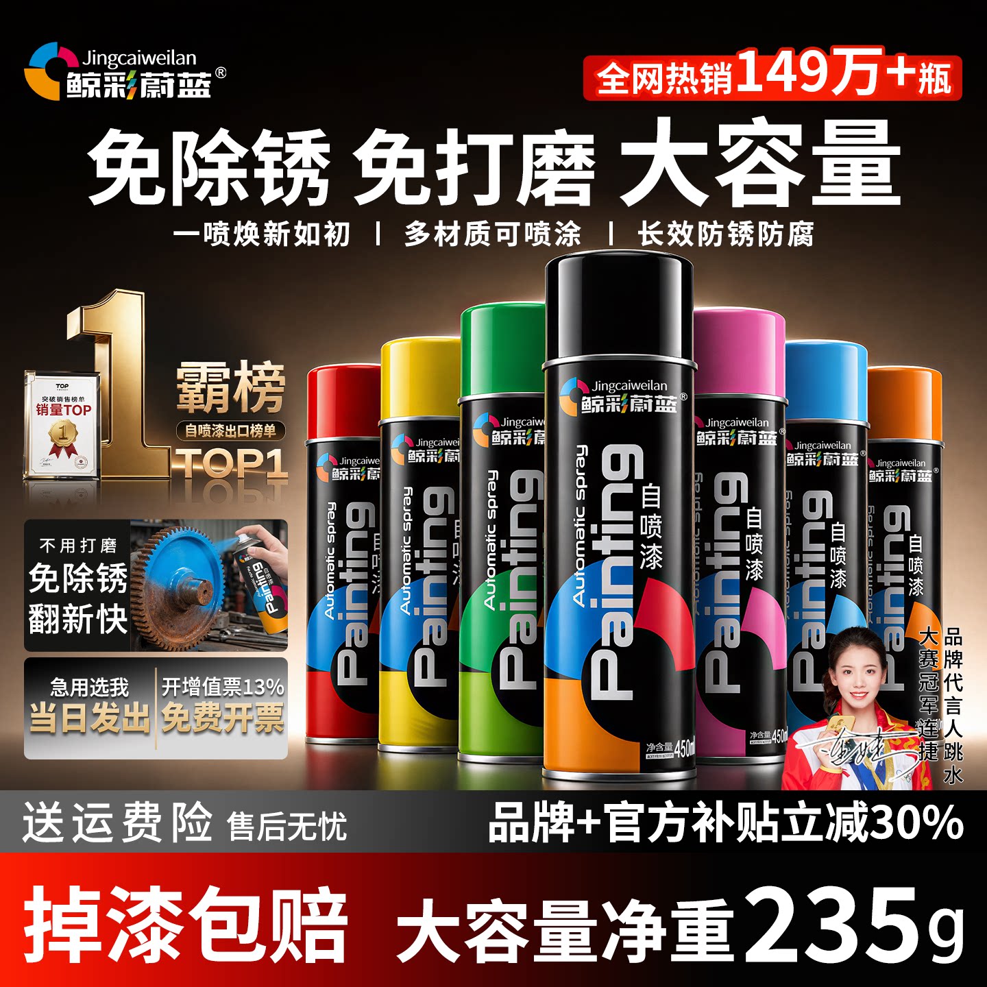 自喷漆颜色大全黑色白色金属油漆汽车不锈钢防锈免除锈打磨手喷漆