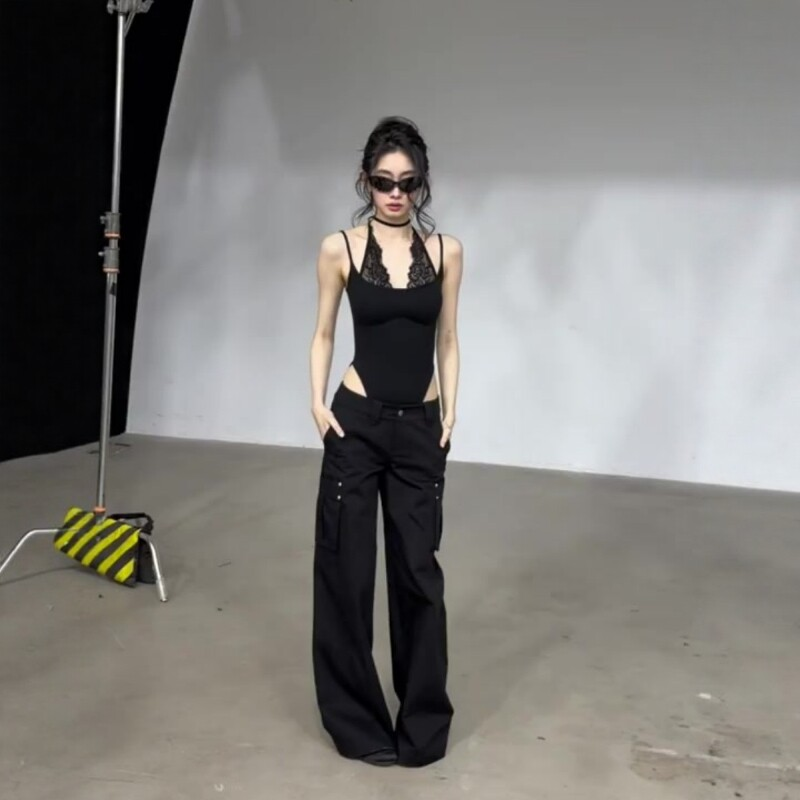 美式辣妹性感露背拼接蕾丝挂脖连体衣小众设计感百搭阔腿长裤套装