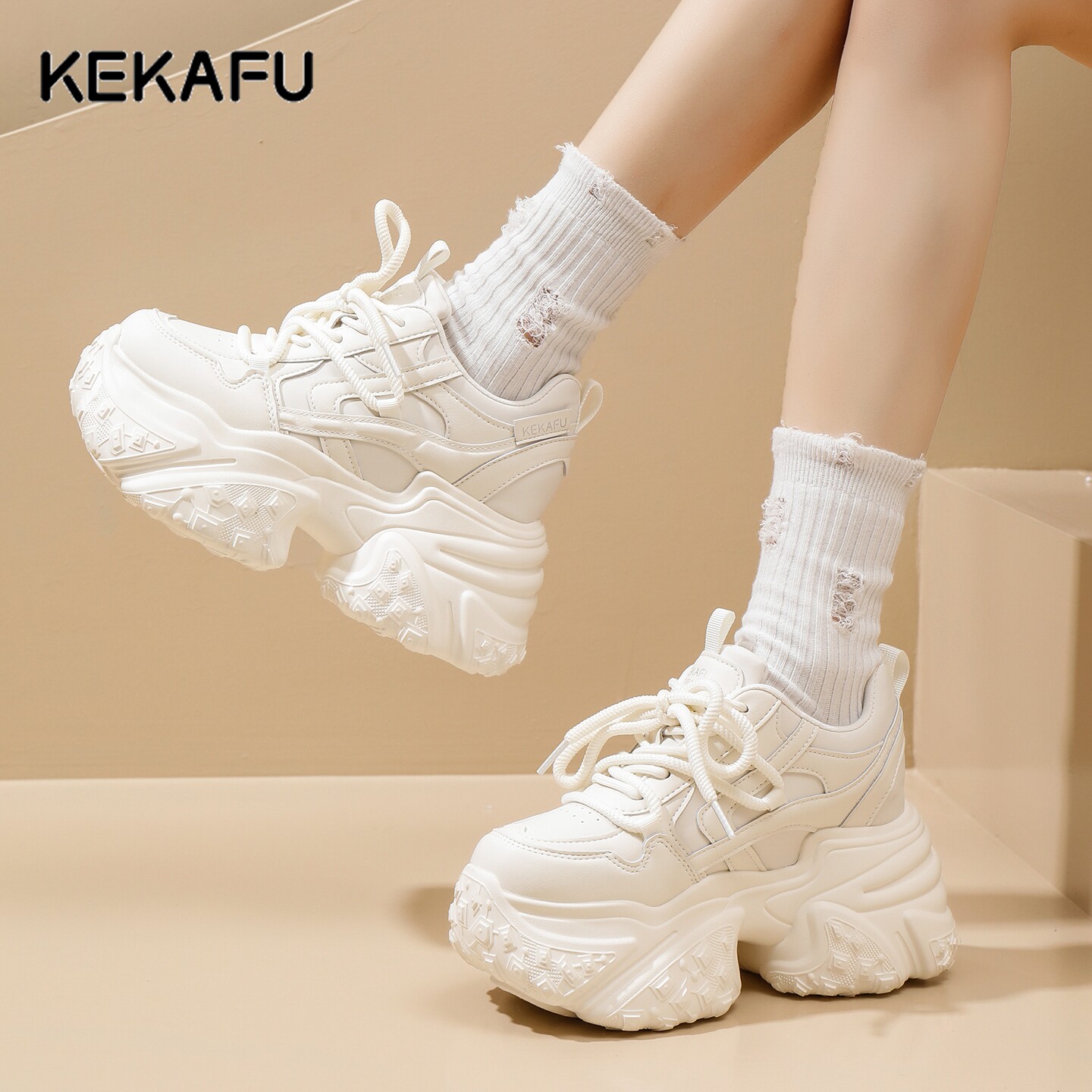 珂卡芙9cm内增高老爹鞋女2026新款春季白色厚底小个子运动休闲鞋