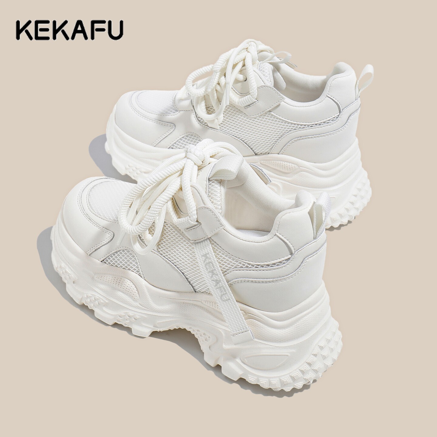 珂卡芙女鞋子2026春夏新款休闲网面透气运动老爹鞋厚底增高小白鞋