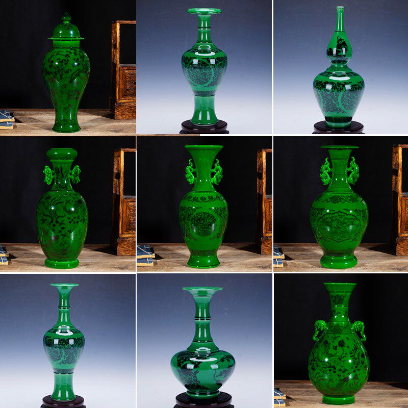 威弗列德陶瓷中式花瓶仿古开片釉绿釉新中式家居摆件景德镇艺术瓷