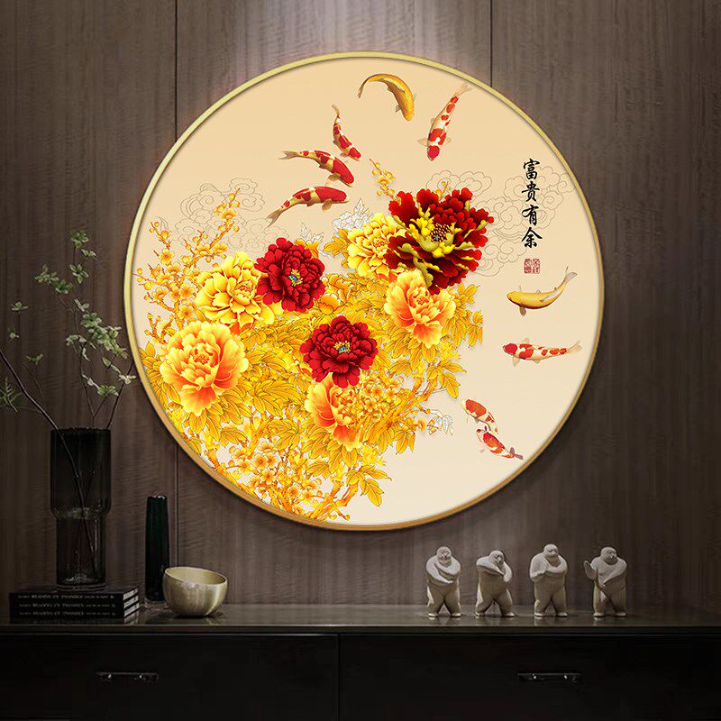 牡丹九鱼图轻奢客厅挂画 聚财招财背景壁画可定制