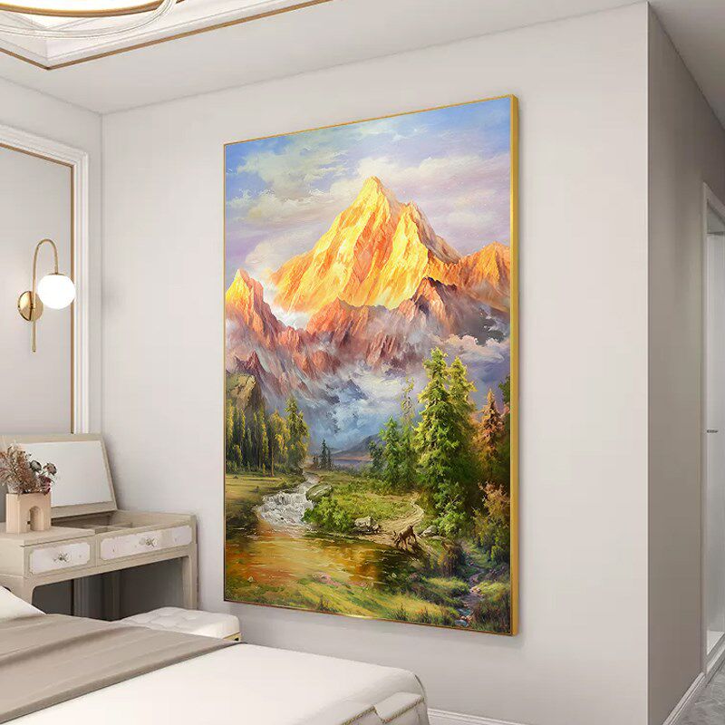 日照金山入户正对门玄关装饰画大芬村手绘油画客厅挂画高级感壁画