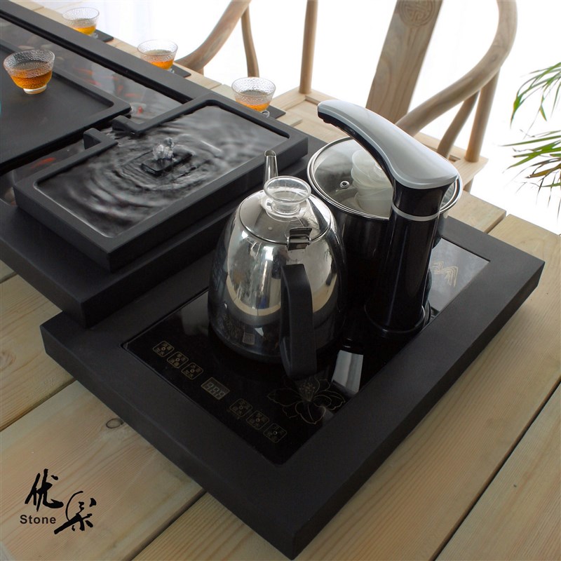 天然乌金石茶盘创意流水养鱼茶台烧水茶海石材家用整套茶具排水盘