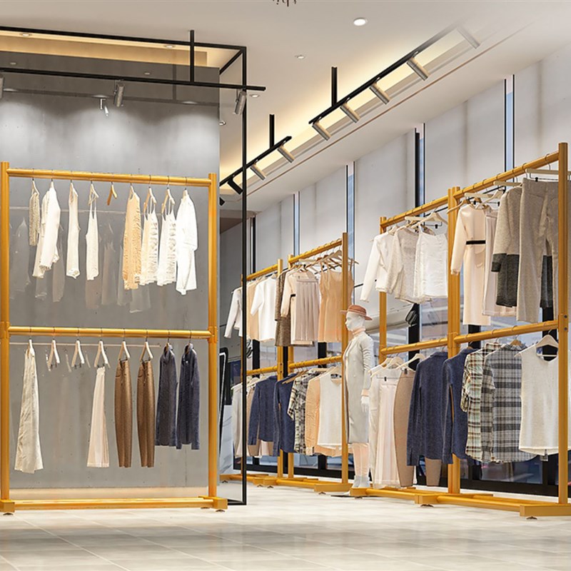 落地式金色服装店服展示架子铁艺服装店挂衣架双层女装店西装货架