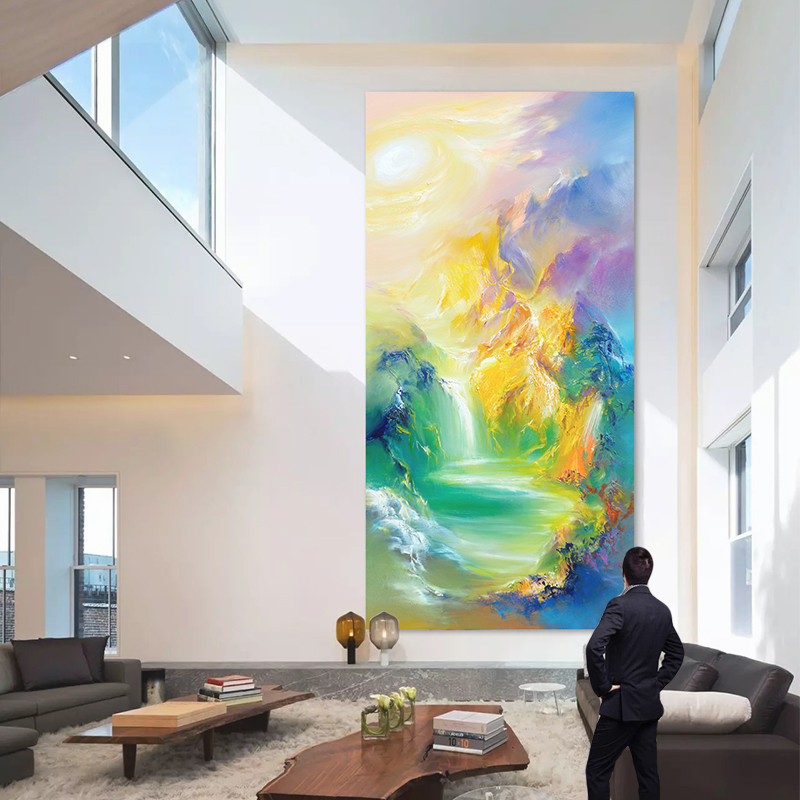 中式玄关装饰画寓意好走廊过道聚宝盆山水画巨幅落地客厅手绘油画