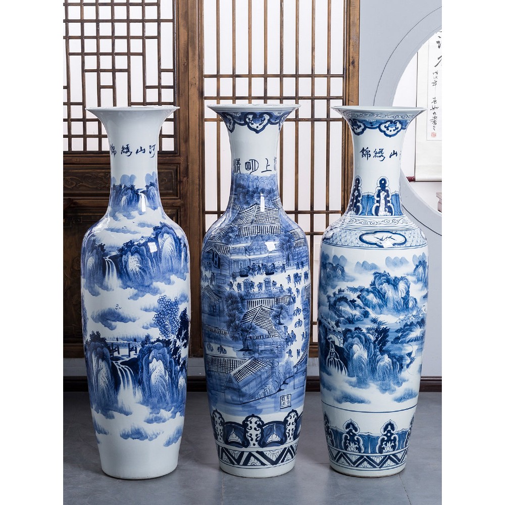 景德镇陶瓷手绘青花瓷清明上河图落地大花瓶摆件客厅装饰品特大号